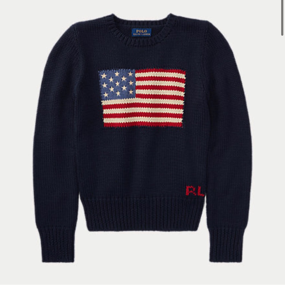 ralph lauren navy flag sweater. kids 8 - but i wore as a woman’s xxs or xs.